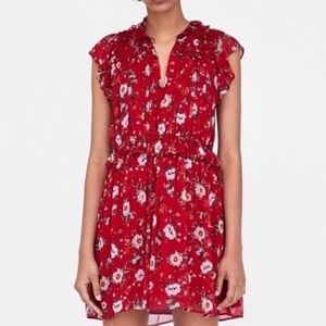 Zara Red Floral Printed Ruffle Dress
